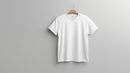 Wall Mural - A white t-shirt hanging on a hanger, ready to be worn.