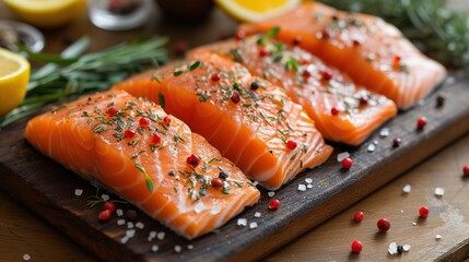 Salmon. Fresh raw salmon fish fillet with cooking ingredients, herbs and lemon on black background, top view