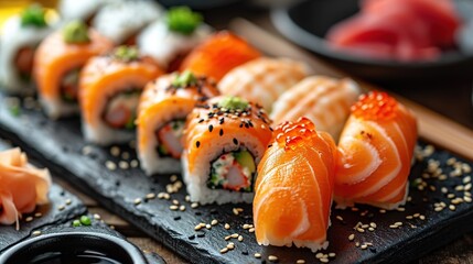 Assorted sushi nigiri and maki big set on slate. A variety of Japanese sushi with tuna and crab.