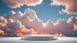 Romantic light pink clouds hover above a white platform on Peach Fuzz tiled flooring, in a 3D rendering of a sunny day on stage