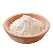 pile of finely dry organic fresh raw chickpea flour powder in wooden bowl png isolated on white background. bright colored of herbal, spice or seasoning recipes clipping path. selective focus
