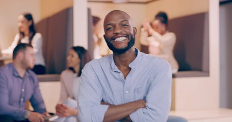 Wall Mural - Face, business and smile of black man with arms crossed in startup office of creative entrepreneur coworking. Portrait, happy or confident African professional designer or funny employee in cafeteria