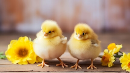 Wall Mural - Two fluffy chicks among yellow flowers.Springtime Siblings. 