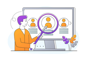 Poster - hr service concept. job seekers. man with magnifying glass standing next to monitor and looking for 