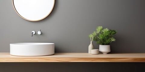 Wall Mural - Minimalist modern bathroom with a white washbasin, faucet, wooden countertop, stylish grey wall, round mirror, copy space, and nobody.