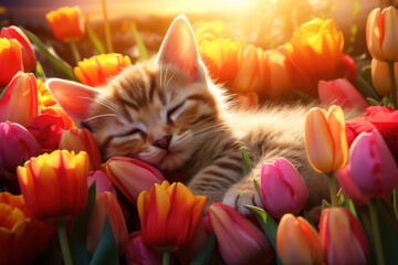 Wall Mural - Serene Spring: A Cute Cat Resting in a Beautiful Garden, Surrounded by Lush Green Grass and Colorful Flowers