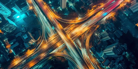 Poster - Expressway top view, Road traffic an important infrastructure, car traffic transportation above intersection road in city night, aerial view cityscape of advanced innovation, financial technology