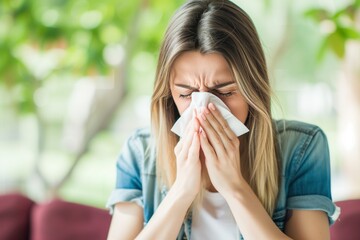 Woman sneezing into a paper tissue. Concept of allergies, colds and getting sick.