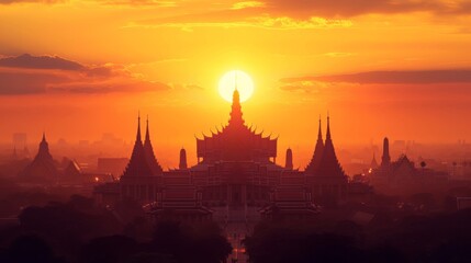 Silhouette temple sunset background.