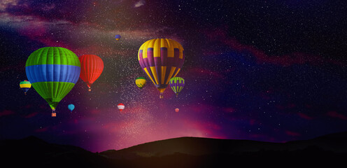 Wall Mural - Hot air balloons in sky at evening. Banner design