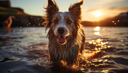 Wall Mural - Cute puppy playing in water, enjoying summer purebred beauty generated by AI