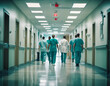 © Giu - Busy hospital, corridor, with diverse doctors in motion, suitable for medical, healthcare services, cinematic, realistic.