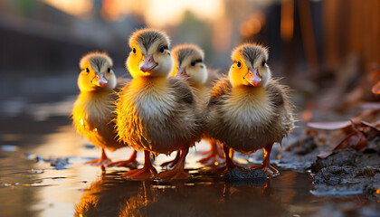 Canvas Print - Cute duckling with yellow feathers enjoys nature by the pond generated by AI