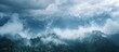 From above, the contrasting beauty of nature is seen: clouds veiling majestic peaks, the sky peeking through, and a mix of forest and clear-cuts in the foreground while gray clouds approach.