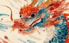 Very Colorful And Vibrant Watercolor Painting Of Rainbow Dragon On White Paper Background.