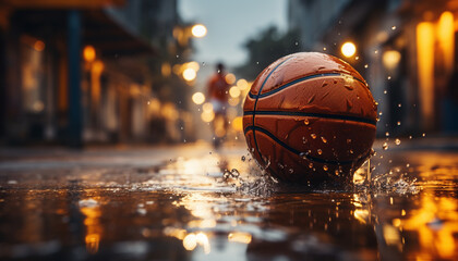 Wall Mural - Men playing basketball outdoors at night under illuminated basketball hoop generated by AI