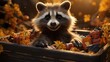A mischievous raccoon rummaging through a trash can
