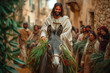Jesus of Nazareth entering Jerusalem on a donkey on Palm Sunday, the animal and Messiah receiving the welcome of the people in its streets