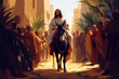 © Duckai - Jesus of Nazareth entering Jerusalem on a donkey on Biblical Palm Sunday, a drawing of the Messiah in the illuminated streets, receiving the welcome