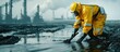 Scientist in safety gear cleaning oil spill for industry safety concept.