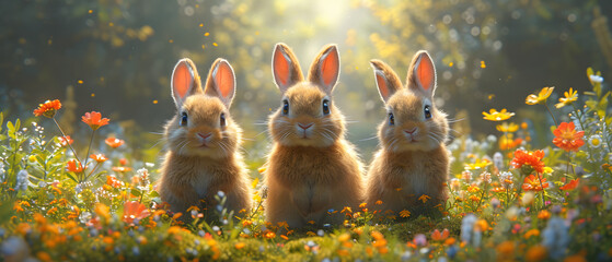 Wall Mural - Three Rabbits Sitting in a Field of Flowers