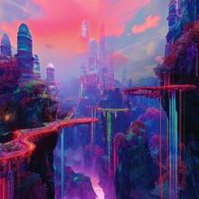 "Step Into A Digital Dreamscape With Metaverse Mirage, Where Pixelated Textures And Floating Avatars Converge In Surreal Landscapes, Offering An Augmented Reality Journey In Vibrant Digital Surrealism