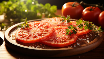 Canvas Print - Fresh tomato salad on wooden plate, healthy vegetarian meal generative AI