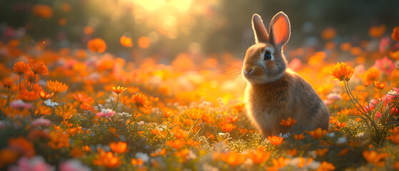 Wall Mural - Rabbit Sitting in a Field of Flowers