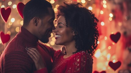 Wall Mural - a cute beautiful black african american couple cuddling hugging and kissing each other on a romantic day at valentines day 14th february. wallpaper background