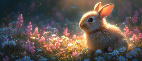 Wall Mural - Rabbit Sitting in a Field of Flowers