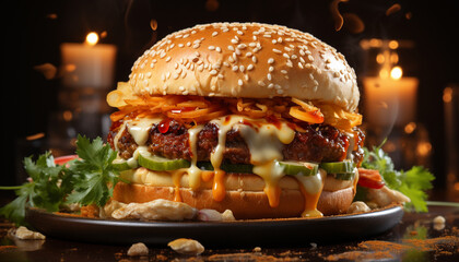 Canvas Print - Grilled burger with cheese, tomato, and fresh vegetables on bun generated by AI