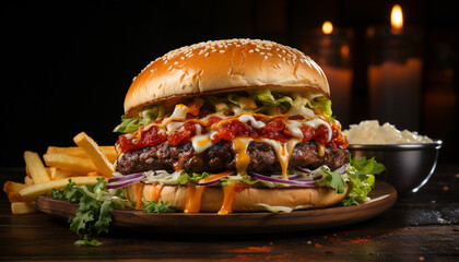 Canvas Print - Grilled burger with cheese, fries, and fresh vegetables generated by AI