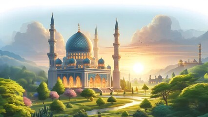 Wall Mural - mosque building with nature landscape in the morning. Seamless looping 4K video animation background