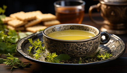 Canvas Print - Hot drink on wooden table, refreshing tea with healthy snack generated by AI