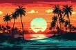Colorful retro beach landscape at sunset with palm trees. Generative AI