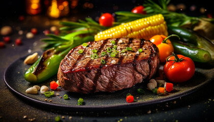 Canvas Print - Grilled beef fillet, cooked rare, served with fresh tomato salad generated by AI