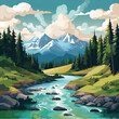 vector illustration of river, mountain and forest views