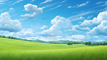 Wall Mural - Illustration background, Beautiful grassy fields and summer blue sky with fluffy white clouds in the wind