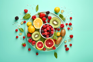 Wall Mural - Healthy mix berries fruits organic food selection circular composition on pastel aqua green background. Strawberry, Cherry, blueberry, raspberry, colorful fruits top view flat lay copy space poster