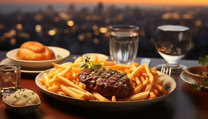 Poster - Grilled meat, fries, and wine on outdoor table generated by AI