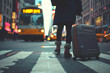 An of woman walking with suitcase on street in New York City Generative AI