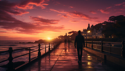 Wall Mural - Silhouette of men walking at dusk, reflecting on tranquil waterfront generated by AI