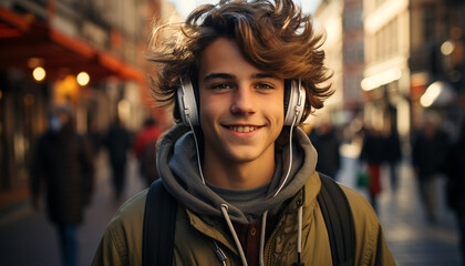 Sticker - Young adult smiling, listening to music with headphones outdoors generated by AI