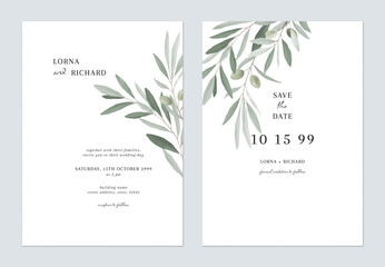 Wall Mural - White green minimalist olive leaves wedding invitation