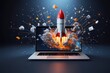 Space rocket shuttle with a cloud of smoke and blast takes off from a laptop on a working office desk. Creative idea and startup. Successful business project. Go outside the frame