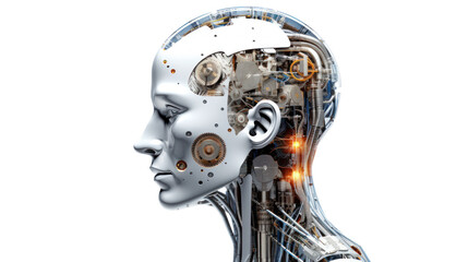 Poster - Robot Head with digital graphic Brain Engine isolated on transparent and white background.PNG image.