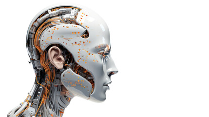Poster - Robot Head with digital graphic Brain Engine isolated on transparent and white background.PNG image.