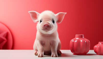 Poster - Cute puppy sitting, looking at camera, surrounded by pink decorations generated by AI