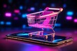 Futuristic online payment shopping with cart on a phone on a bokeh background