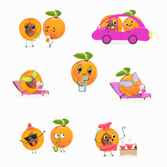 Wall Mural - Cute cartoon apricot, peach  character set, collection. Flat vector illustration. Activities, playing musical instruments, sports, funny fruits.